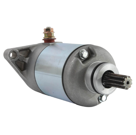 Starter motor with flange mount, blue-wrapped body and splined drive shaft.