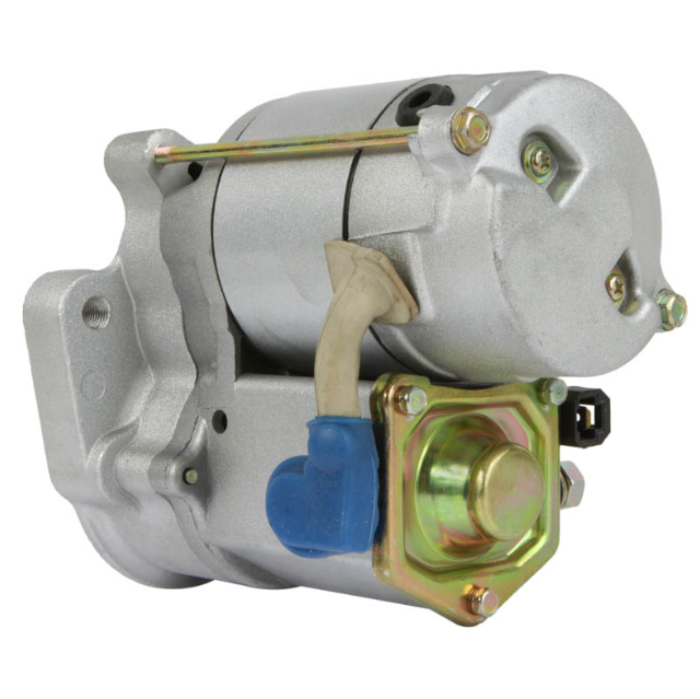 Starter motor for Kawasaki Mule KAF950 diesel; silver housing with blue terminal boot and solenoid, OEM 428000-3170