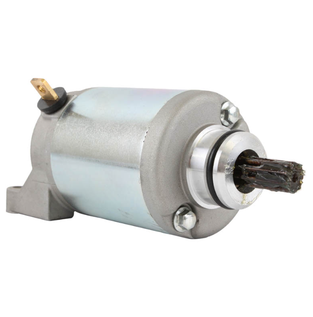 Starter motor with silver metallic housing and exposed spline shaft.
