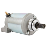 Starter motor with silver metallic housing and exposed spline shaft.