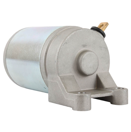 Starter motor with silver aluminum housing and mounting flange, electrical terminal visible