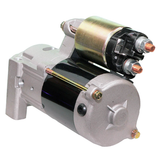 Starter motor by ATV City with top-mounted solenoid; black body and silver housing.