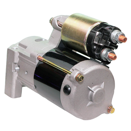 Starter motor by ATV City with top-mounted solenoid; black body and silver housing.