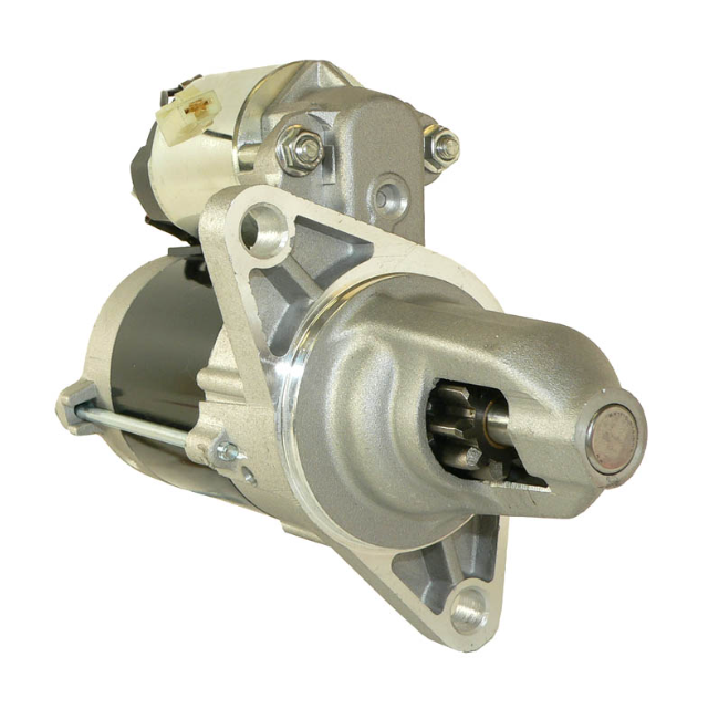 Starter motor for Tora Lawn/Workman, metallic silver with mounting flange and solenoid