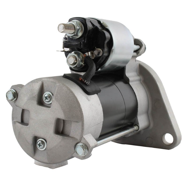 Starter motor with black body and silver mounting flange.