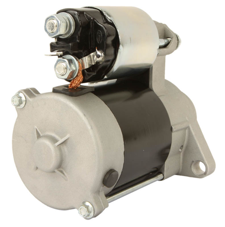 Starter motor; black body with silver end cap and top-mounted solenoid