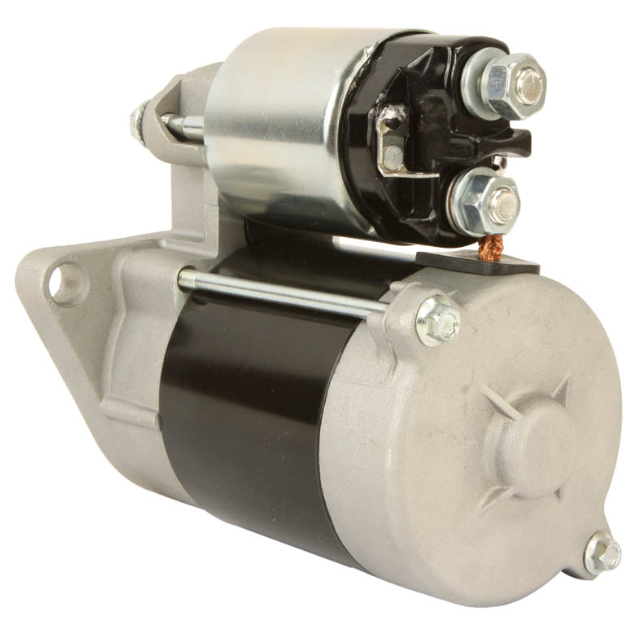 Starter motor for John Deere Gator and Kawasaki Mule; black and silver housing.