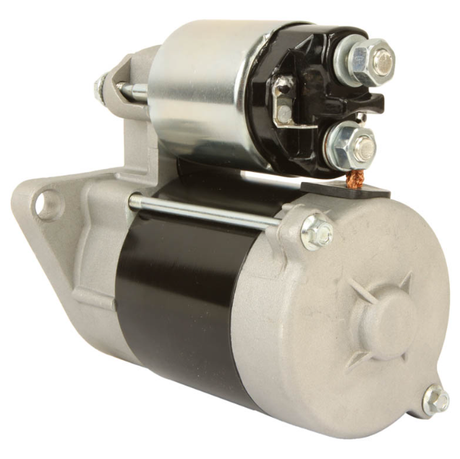 Starter motor for John Deere Gator and Kawasaki Mule; black and silver housing.
