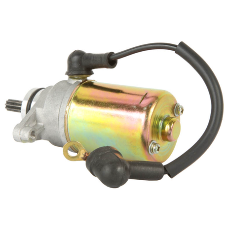 Starter motor for Yamaha ATV Badger/Grizzly/Moto-4/Raptor YFM50/80/100 (1985–2008); gold metal body, black wiring.