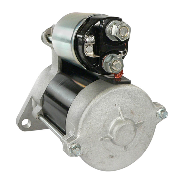 Starter motor with silver housing and black solenoid, mounting bolts visible