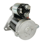 Starter motor with silver housing and black solenoid, mounting bolts visible