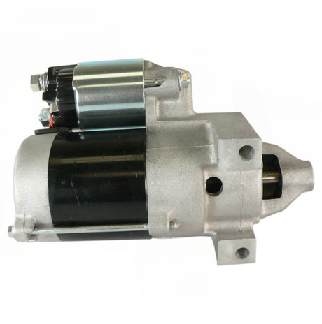 Starter motor with silver and black housing; compact metal unit.