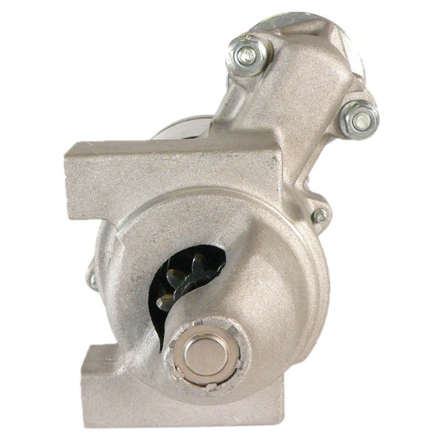Starter motor with silver metal housing and mounting flange, gear visible.