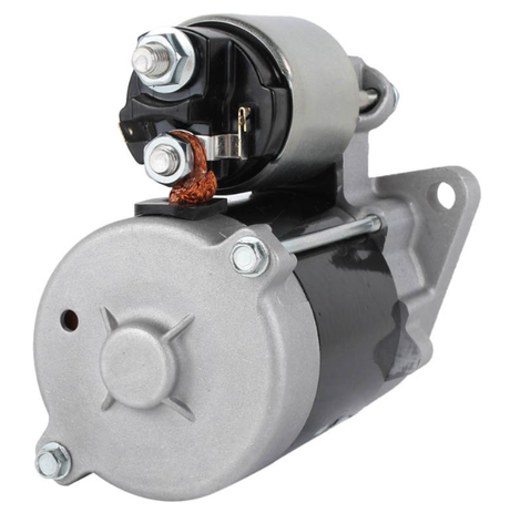Starter motor with silver housing and black mounting bracket.