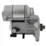 Starter motor in gray metal with mounting bolt and terminal stud; compact automotive starter
