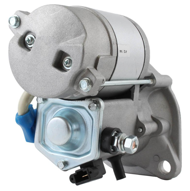 Starter motor for John Deere / Yanmar / Denso; metallic gray finish with blue electrical connector.