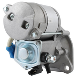 Starter motor for John Deere / Yanmar / Denso; metallic gray finish with blue electrical connector.