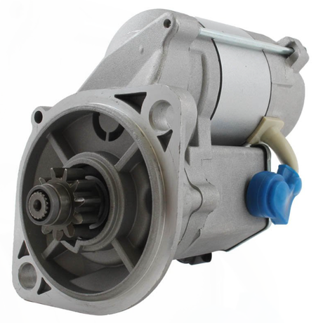 Starter motor by ATV City; metallic gray with blue electrical connector and visible pinion gear.