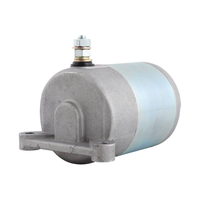 Starter motor with gray metal housing and blue cylindrical body