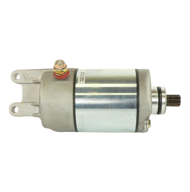Starter motor for Honda TRX350D 1986; metallic body with mounting lugs and splined shaft