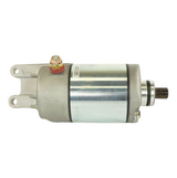 Starter motor for Honda TRX350D 1986; metallic body with mounting lugs and splined shaft