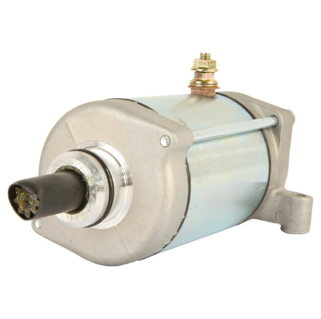 Starter Motor ATV City, Yamaha 700 quad compatible; silver metal housing, black drive shaft, top terminal post.