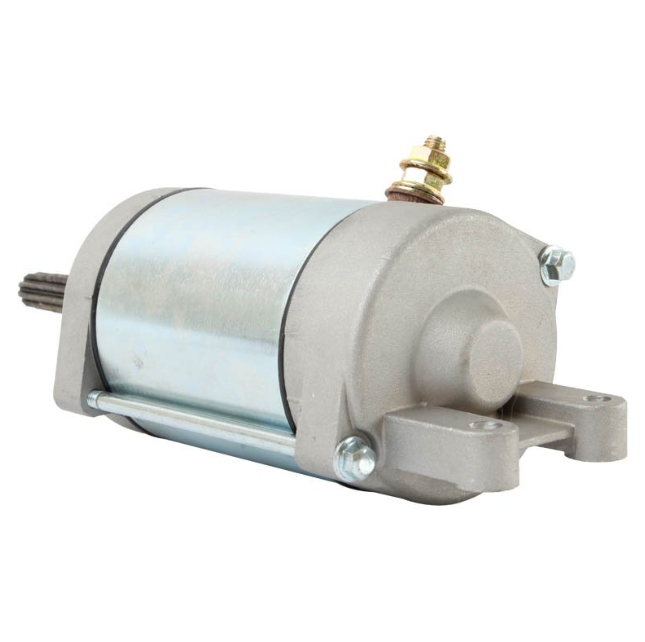 Starter motor by ATV City; silver cylindrical body with gray end housing and mounting lugs.