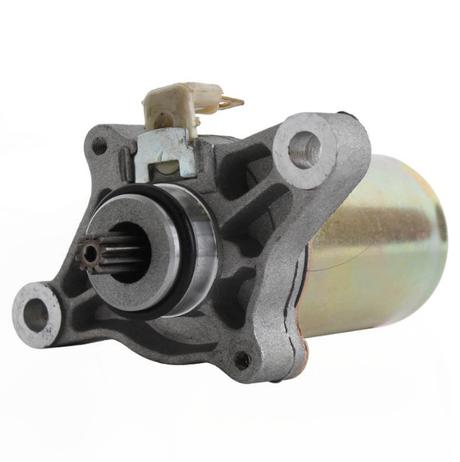 Starter motor for ATV with metallic gray housing and gold cylindrical motor, front shaft and mounting flange