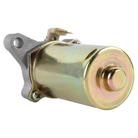 Starter motor for Kymco ATVs (Filly/ Heroism/ Sniper/ Maxxer/ MXU 50) brass-colored metal body with mounting flange