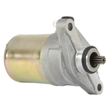 Kymco starter motor; silver metal body with gold-toned can and splined shaft