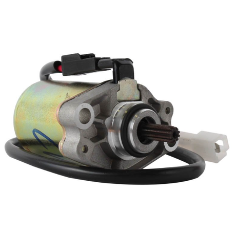 Starter motor for Suzuki LTZ50 by ATV City, metal housing with black wiring harness and white connector.