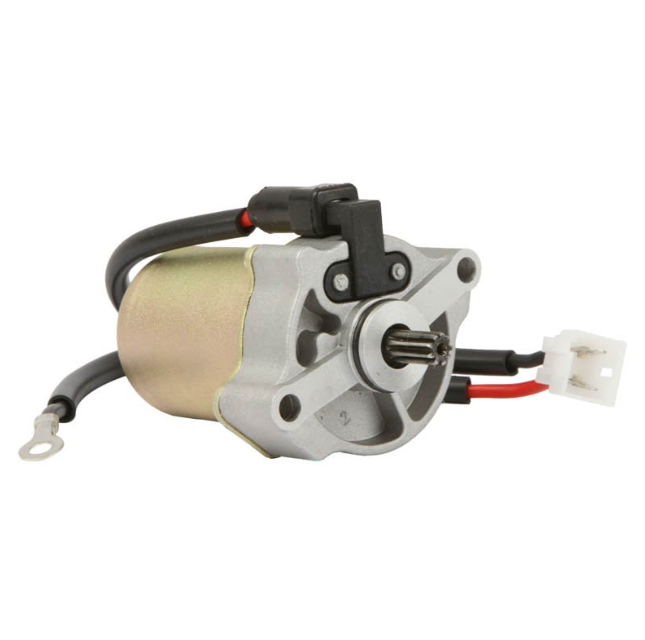 Starter motor ATV City for Polaris Outlaw/Sportsman 90–110; silver housing, black wires, white connector.