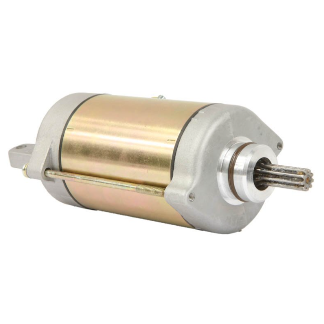 Starter motor for Kymco MXU 500; gold body with silver end caps and splined shaft