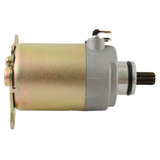 Starter motor with gold-toned can and gray front housing, 12V CW 9-spline shaft.