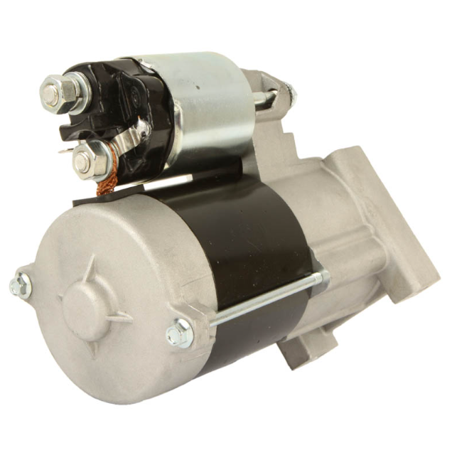 Starter motor ATV City; silver metal body with black band and terminal posts.