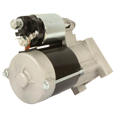 Starter motor ATV City; silver metal body with black band and terminal posts.