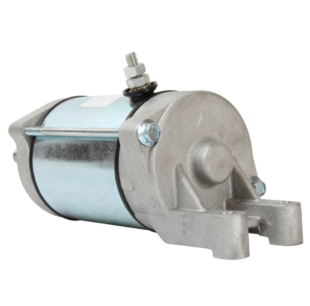 Starter motor for Yamaha YFM660R Raptor ATV; silver housing with blue motor can and mounting bracket.