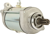 Starter motor with metallic silver housing and exposed drive gear shaft for ATV
