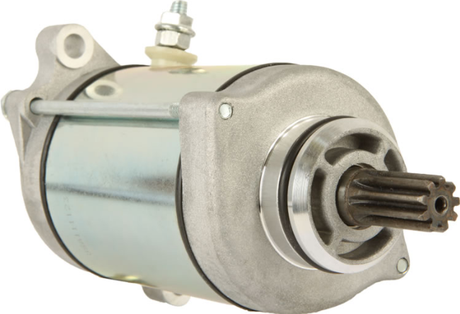 Starter motor with metallic silver housing and exposed drive gear shaft for ATV