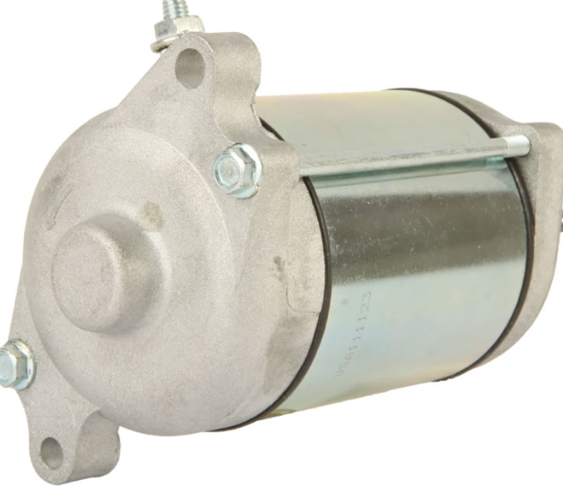 Starter motor; metallic silver, round housing with mounting flange for ATV engines, OEM 31100-44D10