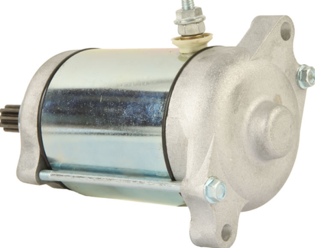 Starter motor ATV City, silver metal body with mounting flange and top terminal stud.