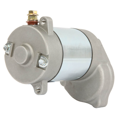 Starter motor by ATV City; gray metal body with mounting flange and bolts