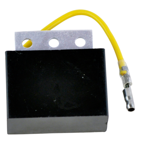 Regulator rectifier with black housing, metal mounting tab, and yellow lead for Polaris/Sno-Jet ATV models
