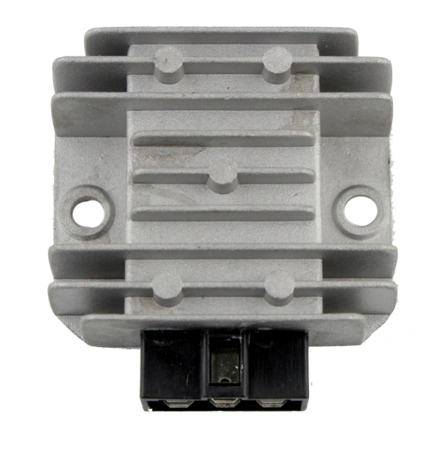 Regulator rectifier with gray aluminum housing and black multi-pin connector for ATVs