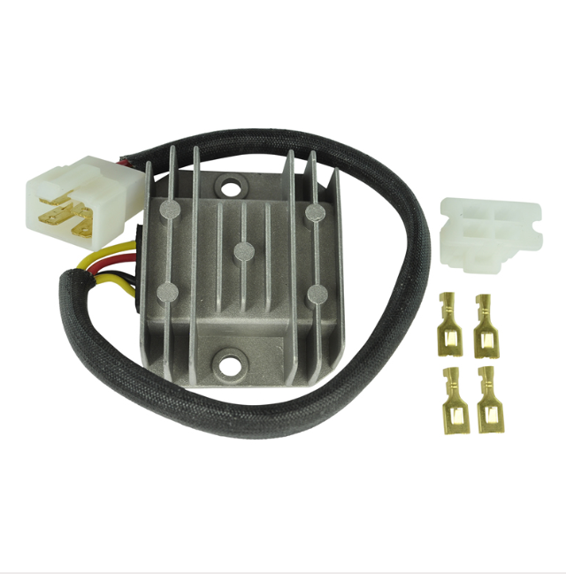 ATV City regulator/rectifier for Honda ATC 200 Big Red with aluminum heatsink, wiring, white connector, four terminals.
