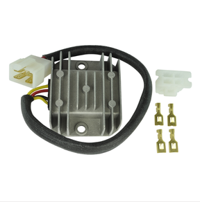 ATV City regulator/rectifier for Honda ATC 200 Big Red with aluminum heatsink, wiring, white connector, four terminals.