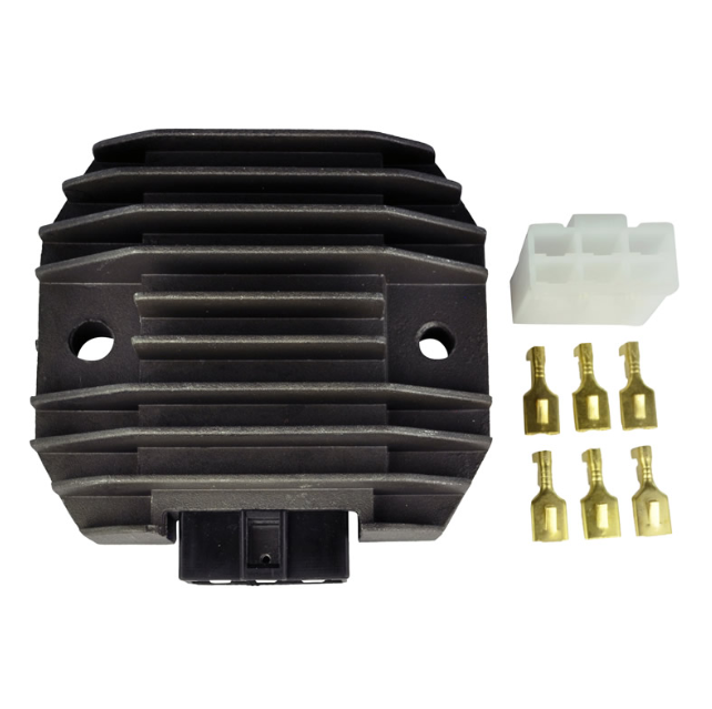 Regulator Rectifier with black aluminum heat sink, white 6-pin connector, and six brass terminals