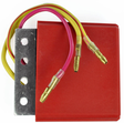 Regulator/rectifier for Polaris Scrambler 400 series; red housing, metal mounting bracket, yellow and pink wires.