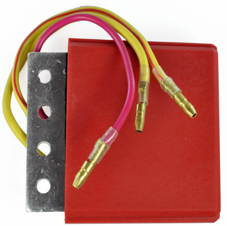 Regulator/rectifier for Polaris Scrambler 400 series; red housing, metal mounting bracket, yellow and pink wires.