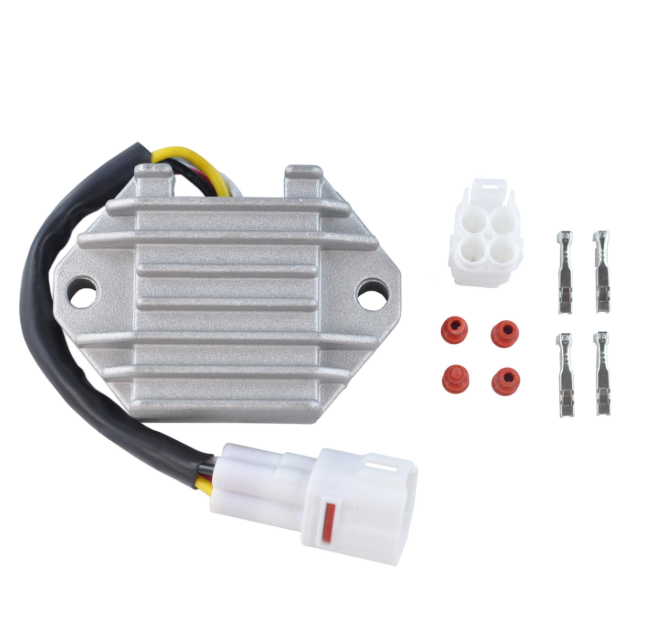 Regulator rectifier for Yamaha YFZ 450 (2004–2013) by ATV City; silver finned unit with black wiring and white connector